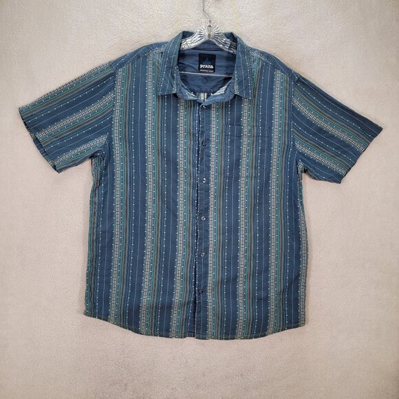Mens Prana Cotton Stripe Jacquard Short Sleeve Western Casual Button Down Shirt - Picture 1 of 16